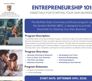 Flyer for Entrepreneurship 101: Essentials for Starting Your Own Business presented by the Greater Buffalo Small Business Development Center at Buffalo State University. The certificate program is designed to provide aspiring entrepreneurs with foundational knowledge and practical tools needed to successfully launch and manage a business.  The flyer includes images of people working on business planning and entrepreneurship activities. The program description explains that participants will receive expert-l