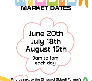 Colorful promotional graphic for KidBiz Market Dates featuring playful summer-themed designs with flowers and sunshine graphics. The flyer lists market dates as June 20th, July 18th, and August 15th, with event hours from 9:00 AM to 1:00 PM each day.  Text at the bottom invites the public to visit the KidBiz Market next to the Elmwood Bidwell Farmer’s Market and support more than 60 young entrepreneurs.  Logos for Buffalo State University and the New York Small Business Development Center (NY SBDC) appear