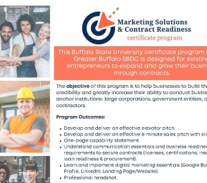 Promotional flyer for the Marketing Solutions & Contract Readiness Certificate Program at Buffalo State University. The program helps entrepreneurs prepare for government and corporate contracting through training in business readiness, marketing, sales presentations, procurement, and capability statements, and includes a professional headshot. The design features photos of diverse entrepreneurs and business professionals.