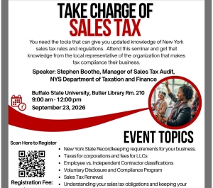 "Take Charge of Sales Tax" promoting a seminar to help New York business owners understand state sales tax laws, regulations, and compliance requirements. The workshop features Stephen Boothe, Manager of Sales Tax Audit with the New York State Department of Taxation and Finance.