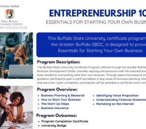 Flyer for Entrepreneurship 101: Essentials for Starting Your Own Business, a Buffalo State University certificate program offered by the Greater Buffalo Small Business Development Center (SBDC). The program provides aspiring entrepreneurs with foundational knowledge and practical tools to start and manage a business through expert-led instruction and practical guidance.  The flyer features two photographs: a woman working on a laptop in a bicycle shop and two people discussing business documents at a table.