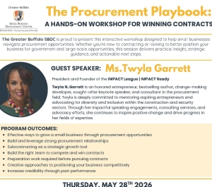 Flyer for The Procurement Playbook: A Hands-On Workshop for Winning Contracts hosted by the Greater Buffalo Small Business Development Center at Buffalo State. The workshop is designed to help small businesses navigate procurement opportunities, with practical strategies for government and large-scale contracting.  Featured guest speaker is Twyla N. Garrett, President and Founder of IMPACT League and IMPACT Ready. Her bio highlights her work as an entrepreneur, bestselling author, keynote speaker, and consu